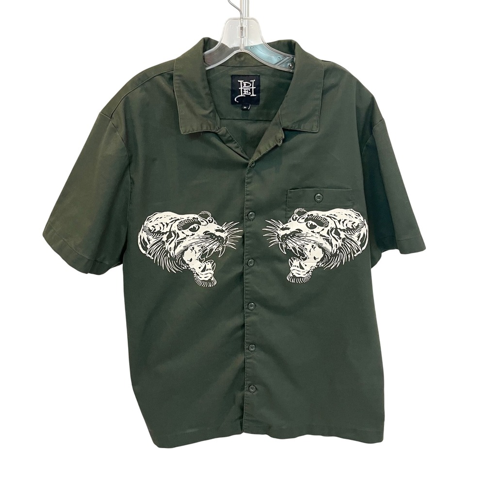 Ed Hardy Mens Tiger Twill Camp Shirt Green Tattoo Graphic Y2K Skater - Size XL